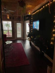 a living room with a tv and a red rug at Pink Tulum Houston 2min from Galleria in Houston