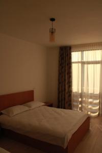 a bedroom with a bed and a large window at Hotel Dia Lin in Borşa