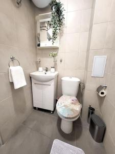 ein Bad mit einem WC und einem Waschbecken in der Unterkunft Modern & Bright 1BD Apartment near Main Square in Plowdiw