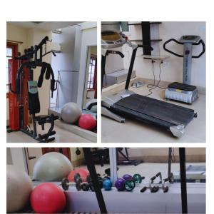 four pictures of a gym with a treadmill and balls at Iranyai Homestay in Imphal