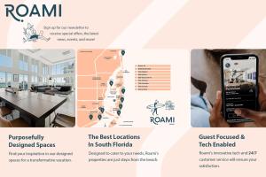 a brochure for a restaurant with a person holding a cell phone at Roami at Villa Bella in Miami