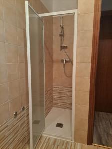 a shower with a glass door in a bathroom at Casa Sofie e Charlotte in Varenna