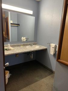 a bathroom with a sink and a large mirror at Best Budget Inn Owatonna in Owatonna