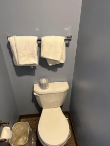 y baño con aseo blanco y toallas. en Best Budget Inn Owatonna, en Owatonna