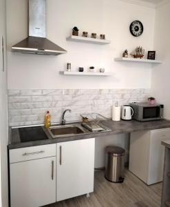 a kitchen with a sink and a microwave at Vajda Apartments in Novi Sad