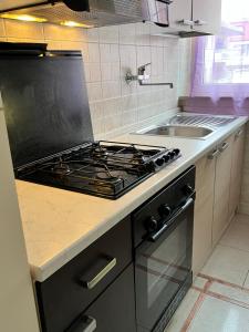 een keuken met een fornuis bovenoven naast een gootsteen bij Appartamento estivo seconda fila dal mare in Grottammare