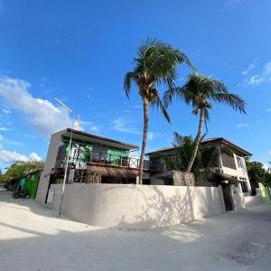 a house with palm trees in front of a wall at Twin Palms Surfhouse in Thulusdhoo