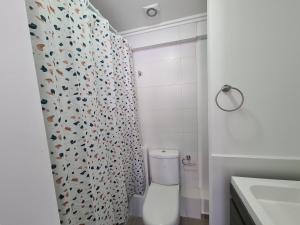 y baño con aseo y cortina de ducha. en Comodo y acogedor departamento, en Puerto Montt