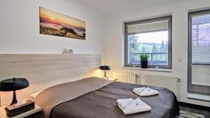 Postel nebo postele na pokoji v ubytování Horský rodinný apartmán 2KK s velkou terasou, s wellness, snídaní na pokoj a s vlastním parkováním v garáži - by Relax Harrachov