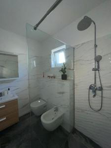 uma casa de banho com um chuveiro, um WC e um lavatório. em House Manda Adriatic em Skradin