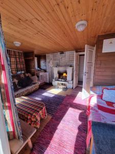 a living room with a couch and a fireplace at Kalamaja Hostel in Kuressaare