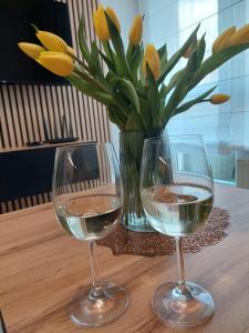 two glasses of white wine and a vase of flowers at Apartament Happy Stay in Rzeszów +20 photos