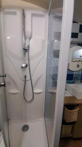 eine Dusche mit Glastür im Bad in der Unterkunft Gite du figuier in Beaugeay