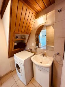 une petite salle de bains avec un lave-linge et un lavabo dans l'établissement Gi 's House, à Ushuaia