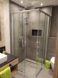 a shower with a glass door in a bathroom at Pension Sohlhof in Baiersbronn