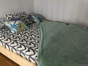 1 cama con edredón verde y almohadas en Alzira bonita Habitación verde con baño privado en Alzira