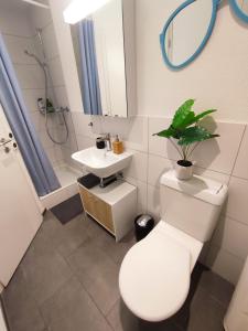 bagno con servizi igienici, lavandino e specchio di Central-city Penthouse a Berna