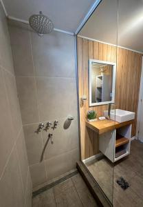 a bathroom with a shower and a sink at Gi´s House 4Pax in Ushuaia
