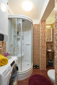 a bathroom with a shower and a washing machine at Blue Horizon in Dubrovnik