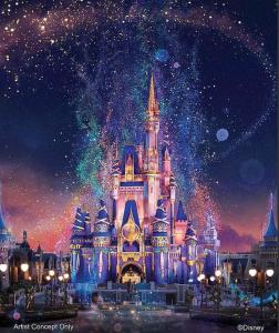 Un castillo de Disney se ilumina por la noche en A Whole New World Villa, en Kissimmee
