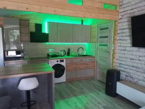 uma cozinha com luzes verdes nos balcões em Domki letniskowe Leśny Chillout em Solina