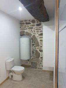 baño con aseo y pared de piedra en Appartement spacieux Saint-Malo, Dinard, Dinan et Dol, en Miniac-Morvan