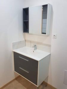 y baño con lavabo y espejo. en Appartement spacieux Saint-Malo, Dinard, Dinan et Dol, en Miniac-Morvan