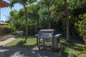una parrilla de barbacoa en un patio con palmeras en Kauai Makanui by Coldwell Banker Island Vacations, en Koloa