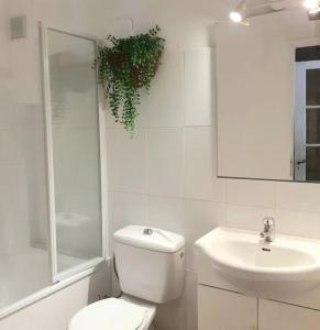 a white bathroom with a toilet and a sink at Maison Centre Historique Bize Minervois + Terrasse in Bize-Minervois