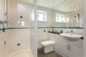a bathroom with a toilet and a sink and a shower at Legion Cottages in Blakeney +11 photos