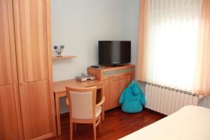 a bedroom with a desk with a television and a bed at Vila Krivec in Bled