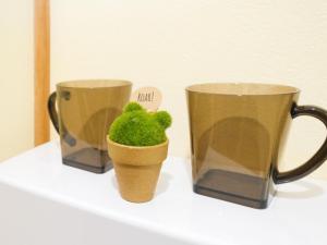 due tazze di caffè e una pianta in vaso su uno scaffale di Fuyosankyoenka - Vacation STAY 98171v a Fujikawaguchiko