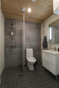 uma casa de banho com um WC, um chuveiro e um lavatório. em City Apartment Aapelintupa em Kuopio