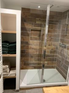 um chuveiro com uma porta de vidro na casa de banho em Chambre d’hôtes coconing em Brélès