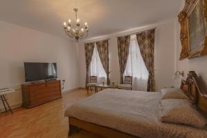 Schlafzimmer mit einem Bett und einem Flachbild-TV in der Unterkunft Illo Tempore - Ultracentral Apartment in Sighişoara