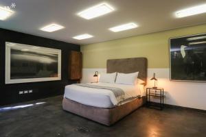1 dormitorio con 1 cama y 2 cuadros en la pared en Luxury 3BR House with Terrace in Miraflores en Lima