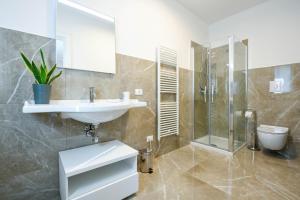 ein Bad mit einem Waschbecken, einer Dusche und einem WC in der Unterkunft Ranalli Palace in Peschiera del Garda
