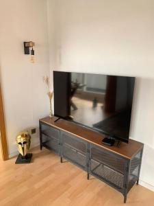 a television on a stand in a living room at Tolle Wohnung mit Panoramablick in Weinheim