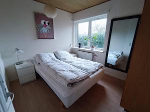 sypialnia z łóżkiem i dużym oknem w obiekcie Svendborg, Thurø ferievilla w mieście Svendborg