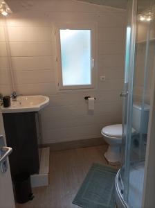 a bathroom with a sink and a toilet and a window at Chez Julien et Mélanie in La Frugerie