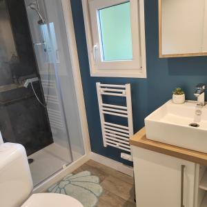uma casa de banho com um chuveiro, um lavatório e um WC. em Le Colorful em Dinard