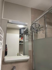 y baño con espejo, lavabo y ducha. en Le Trois Fleurs, en Cherbourg-en-Cotentin
