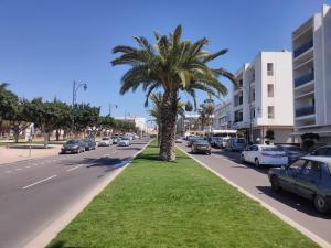 una palmera al lado de una calle en Hôtel Résidence Louban en Agadir