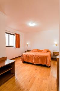 1 dormitorio con 1 cama y suelo de madera en Tajy Iguazu Hotel en Puerto Iguazú