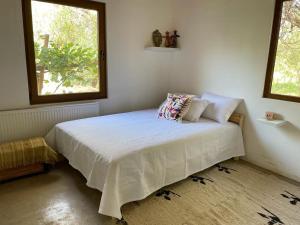 a bedroom with a large bed with two windows at Casa Luna in San Pedro de Atacama