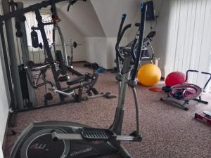 a gym with several exercise bikes and a treadmill at Hotel Koliba in Senec