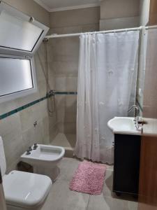 a bathroom with a shower and a toilet and a sink at Departamento centro in General Juan Madariaga