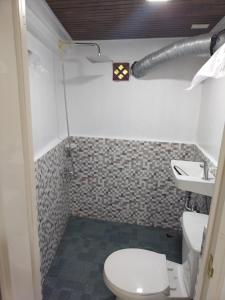 a small bathroom with a toilet and a sink at Tiny House Loft Style in Digos
