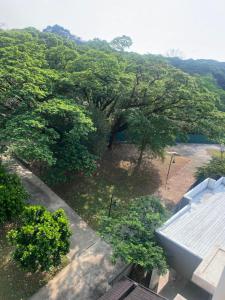 una vista sul parco alberato e su un edificio di Staycation condo with pool near SM Tungko, Bulacan a Mangangpico