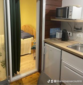 a small kitchen with a sink and a microwave at Depaysement total au coeur de la campagne de vacances ideales pour se ressourcer in Saint-Louis